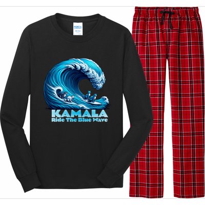 Kamala Harris For President Blue Wave Surfing Cats 2024 Gift Long Sleeve Pajama Set