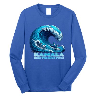 Kamala Harris For President Blue Wave Surfing Cats 2024 Gift Long Sleeve Shirt