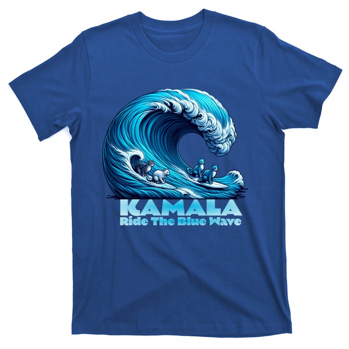 Kamala Harris For President Blue Wave Surfing Cats 2024 Gift T-Shirt