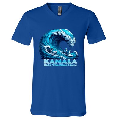 Kamala Harris For President Blue Wave Surfing Cats 2024 Gift V-Neck T-Shirt