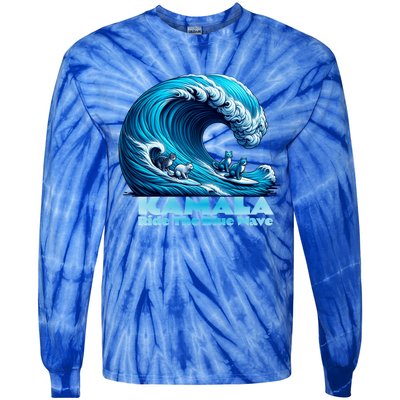 Kamala Harris For President Blue Wave Surfing Cats 2024 Gift Tie-Dye Long Sleeve Shirt