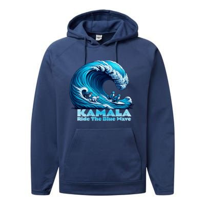 Kamala Harris For President Blue Wave Surfing Cats 2024 Gift Performance Fleece Hoodie