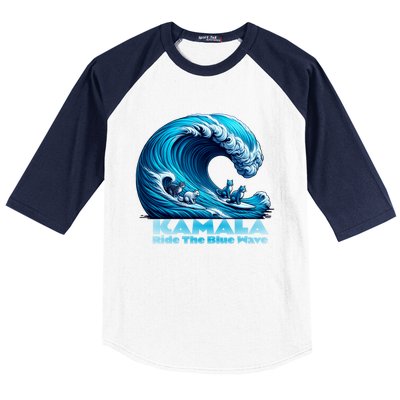 Kamala Harris For President Blue Wave Surfing Cats 2024 Gift Baseball Sleeve Shirt