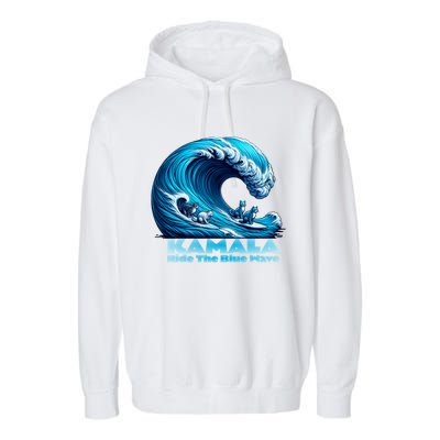 Kamala Harris For President Blue Wave Surfing Cats 2024 Gift Garment-Dyed Fleece Hoodie