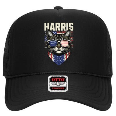 Kamala Harris For President 2024 Funny Cat Graphic High Crown Mesh Back Trucker Hat