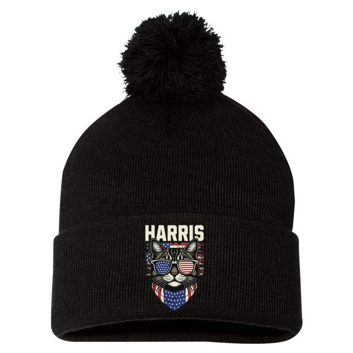 Kamala Harris For President 2024 Funny Cat Graphic Pom Pom 12in Knit Beanie