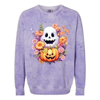 Kawaii Halloween Ghost With Pumpkin And Flowers Colorblast Crewneck Sweatshirt