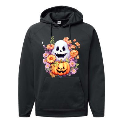 Kawaii Halloween Ghost With Pumpkin And Flowers Performance Fleece Hoodie