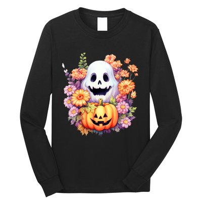 Kawaii Halloween Ghost With Pumpkin And Flowers Long Sleeve Shirt