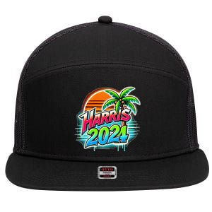 Kamala Harris Graffiti Coconut Tree Political Fashion 7 Panel Mesh Trucker Snapback Hat