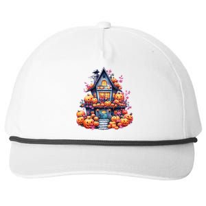 Kawaii Halloween Haunted House With Pumpkin And Flowers Snapback Five-Panel Rope Hat