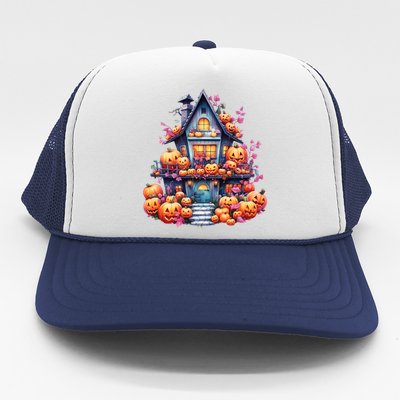 Kawaii Halloween Haunted House With Pumpkin And Flowers Trucker Hat