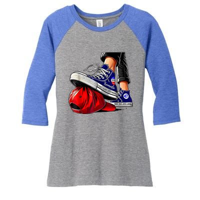 Kamala Harris High Heels Stepping On Red Maga Hat Women's Tri-Blend 3/4-Sleeve Raglan Shirt