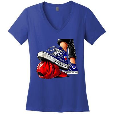 Kamala Harris High Heels Stepping On Red Maga Hat Women's V-Neck T-Shirt