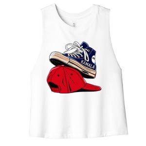 Kamala Harris High Heel Shoes Stepping On Red Hat Funny Vote Women's Racerback Cropped Tank