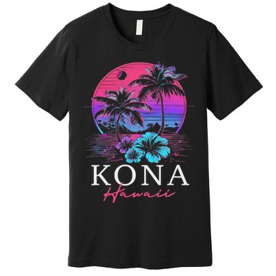 Kona Hawaii Hawaiian Hibiscus Flowers Surfer Souvenir Premium T-Shirt