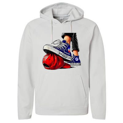 Kamala Harris High Heels Stepping On Red Maga Hat Performance Fleece Hoodie