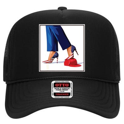 Kamala Harris Heels Stepping On Maga Red Hat High Crown Mesh Back Trucker Hat