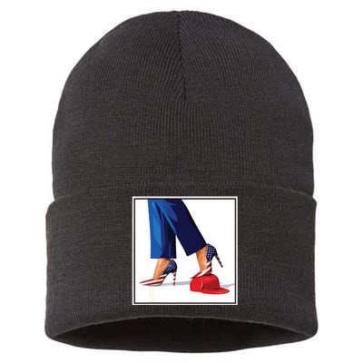 Kamala Harris Heels Stepping On Maga Red Hat Sustainable Knit Beanie