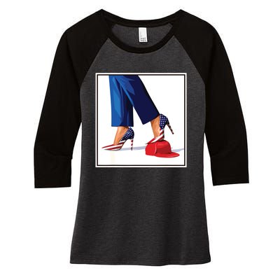 Kamala Harris Heels Stepping On Maga Red Hat Women's Tri-Blend 3/4-Sleeve Raglan Shirt