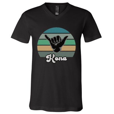 Kona Hawaii HI Retro Shaka Vintage Surfer Surfing Hang Loose V-Neck T-Shirt