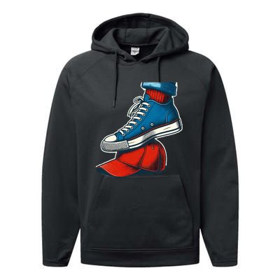 Kamala Harris High Heels Stepping On Red Maga Hat Performance Fleece Hoodie