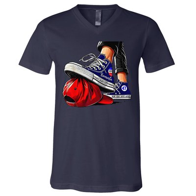 Kamala Harris High Heels Stepping On Red Maga Hat Gift V-Neck T-Shirt