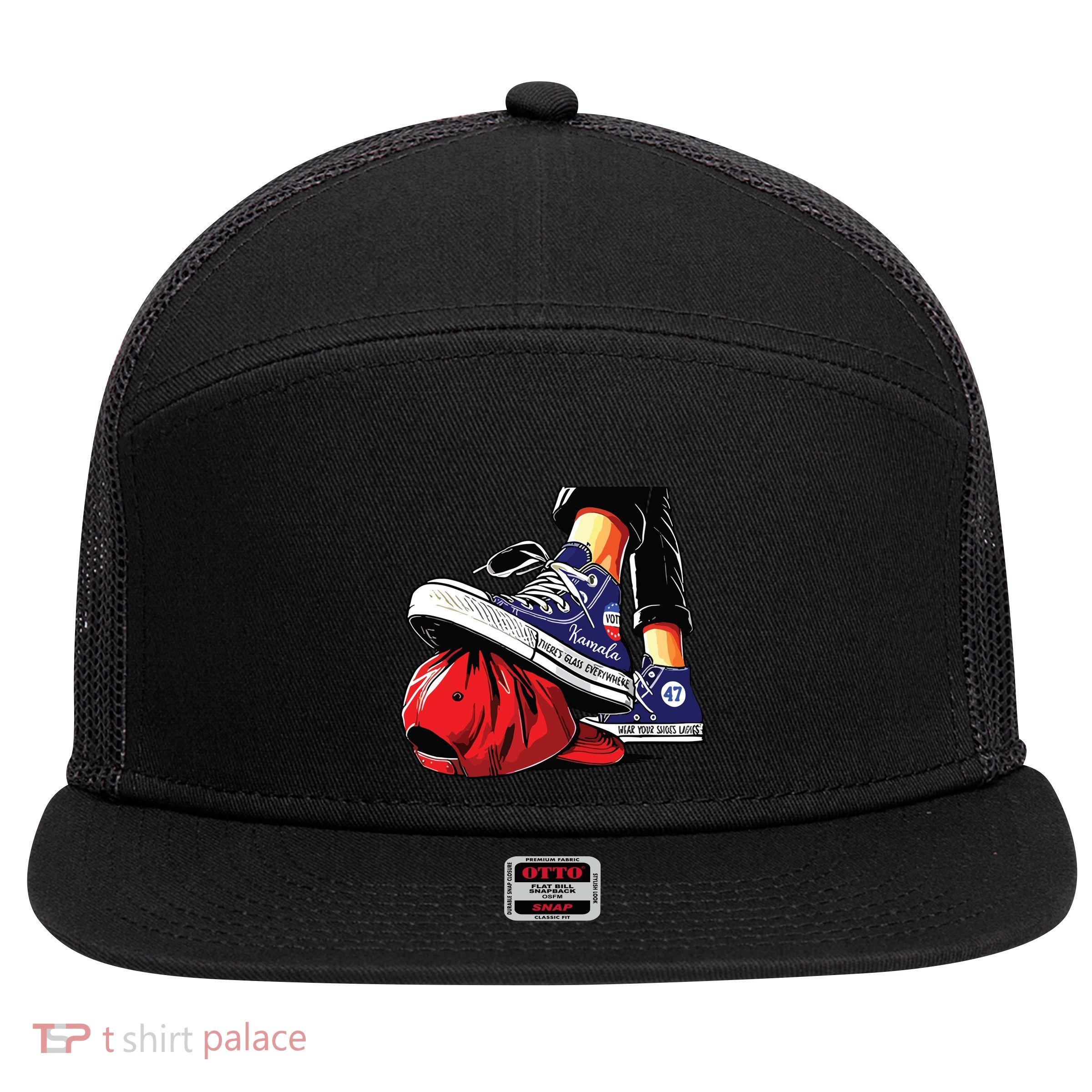 Kamala Harris High Heels Stepping On Red Maga Hat 7 Panel Mesh Trucker Snapback Hat