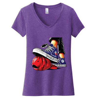 Kamala Harris High Heels Stepping On Red Maga Hat Women's V-Neck T-Shirt