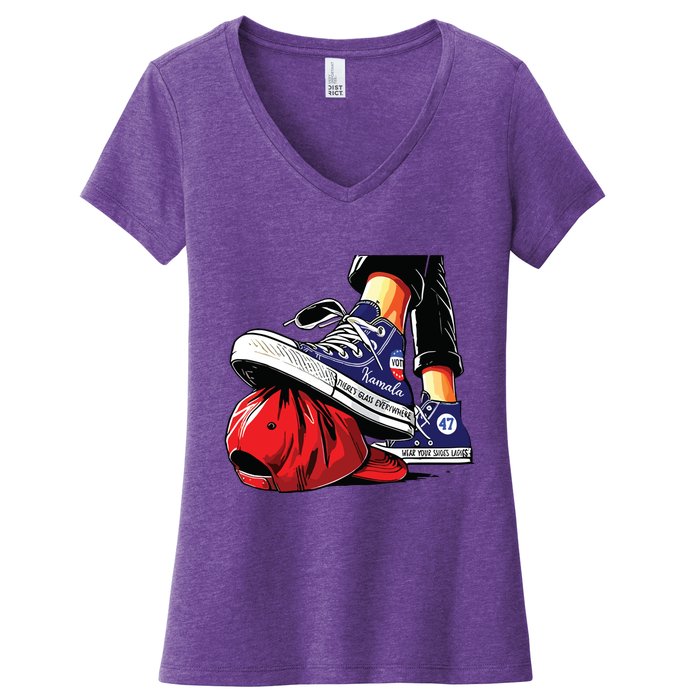 Kamala Harris High Heels Stepping On Red Maga Hat Women's V-Neck T-Shirt