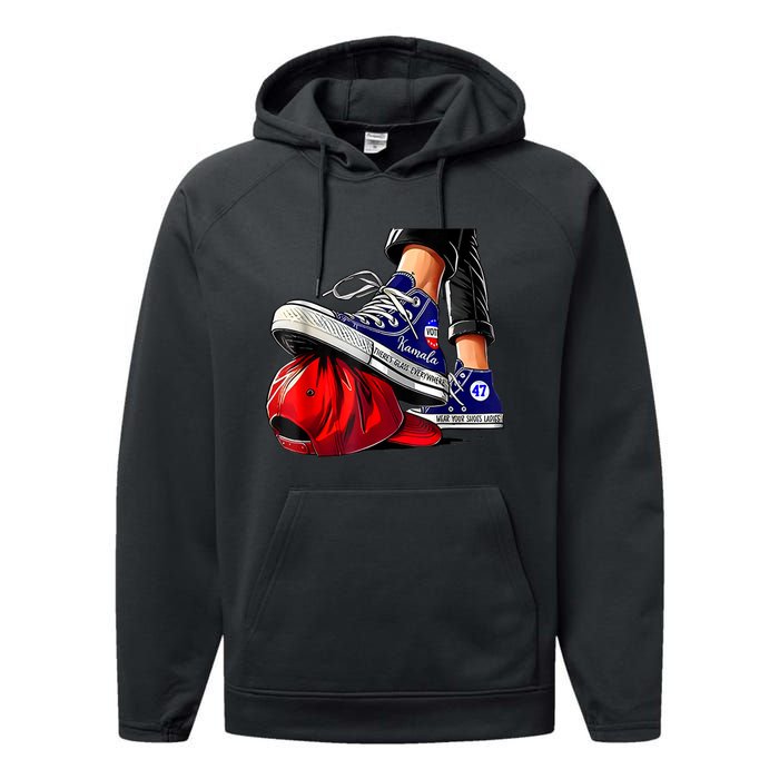 Kamala Harris High Heels Stepping On Red Maga Hat Performance Fleece Hoodie