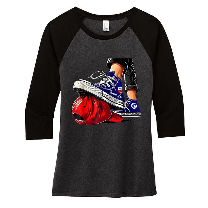 Kamala Harris High Heels Stepping On Red Maga Hat Women's Tri-Blend 3/4-Sleeve Raglan Shirt