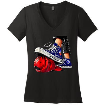 Kamala Harris High Heels Stepping On Red Maga Hat Women's V-Neck T-Shirt