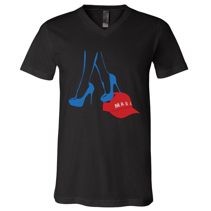 Kamala Harris Heel Stepping On Maga Hat Anti Trump V-Neck T-Shirt