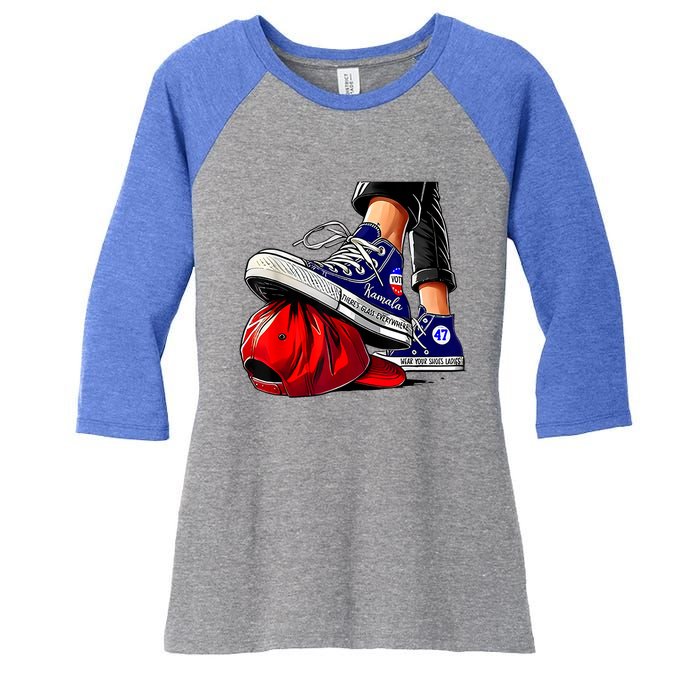 Kamala Harris High Heels Stepping On Red Maga Hat WeRe Not Going Back Vote For Women's Tri-Blend 3/4-Sleeve Raglan Shirt