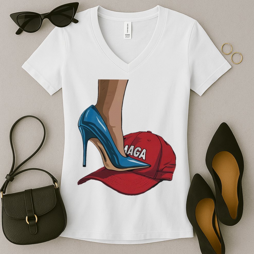Kamala Harris Heels Stepping On Maga Hat Harris Walz 2024 Women's V-Neck T-Shirt