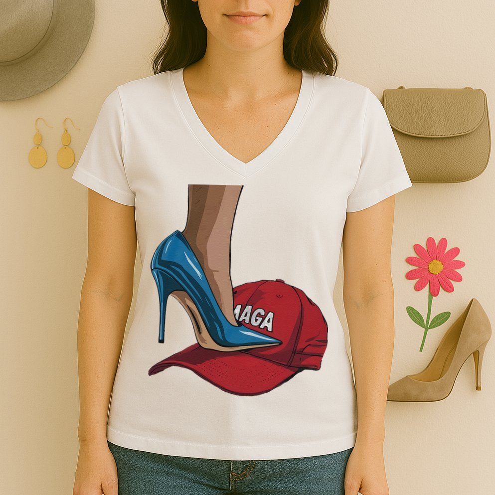 Kamala Harris Heels Stepping On Maga Hat Harris Walz 2024 Women's V-Neck T-Shirt