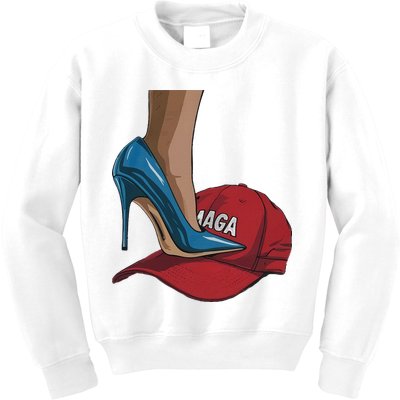 Kamala Harris Heels Stepping On Maga Hat Harris Walz 2024 Kids Sweatshirt