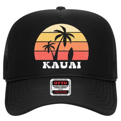 Kauai Hawaii HI Hawaiian Island Palm Tree 70s 80s Retro Surf High Crown Mesh Back Trucker Hat