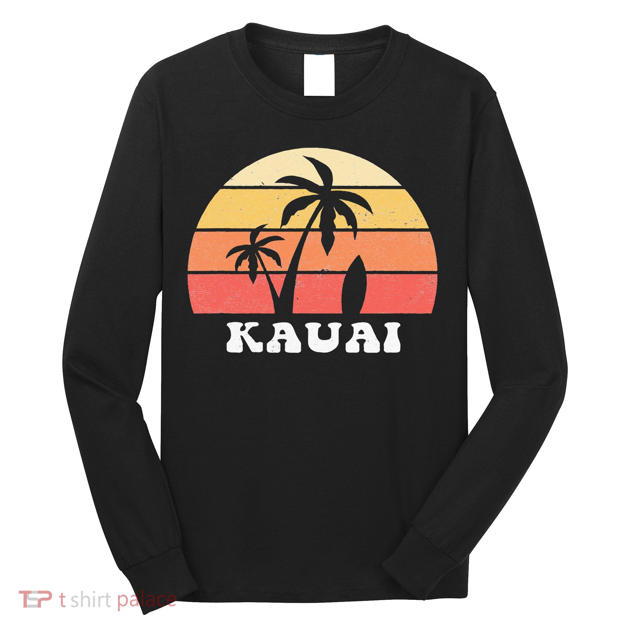 Kauai Hawaii HI Hawaiian Island Palm Tree 70s 80s Retro Surf Long Sleeve Shirt