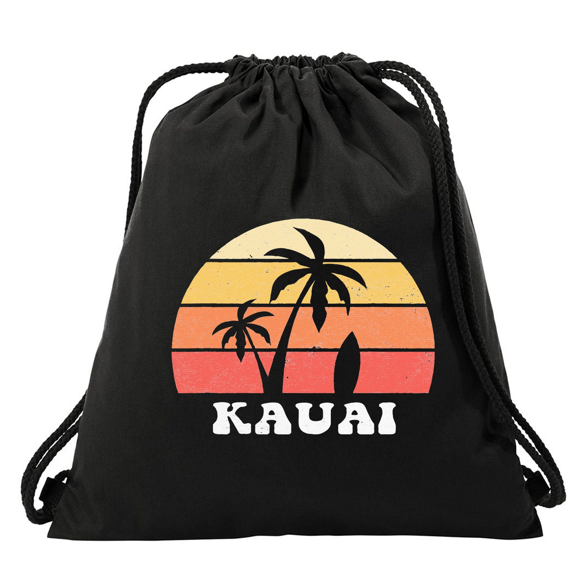 Kauai Hawaii HI Hawaiian Island Palm Tree 70s 80s Retro Surf Drawstring Bag