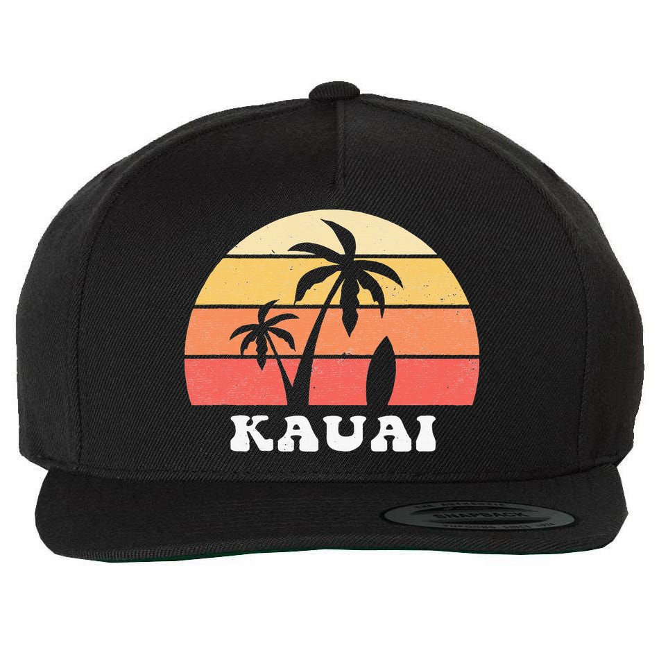 Kauai Hawaii HI Hawaiian Island Palm Tree 70s 80s Retro Surf Wool Snapback Cap