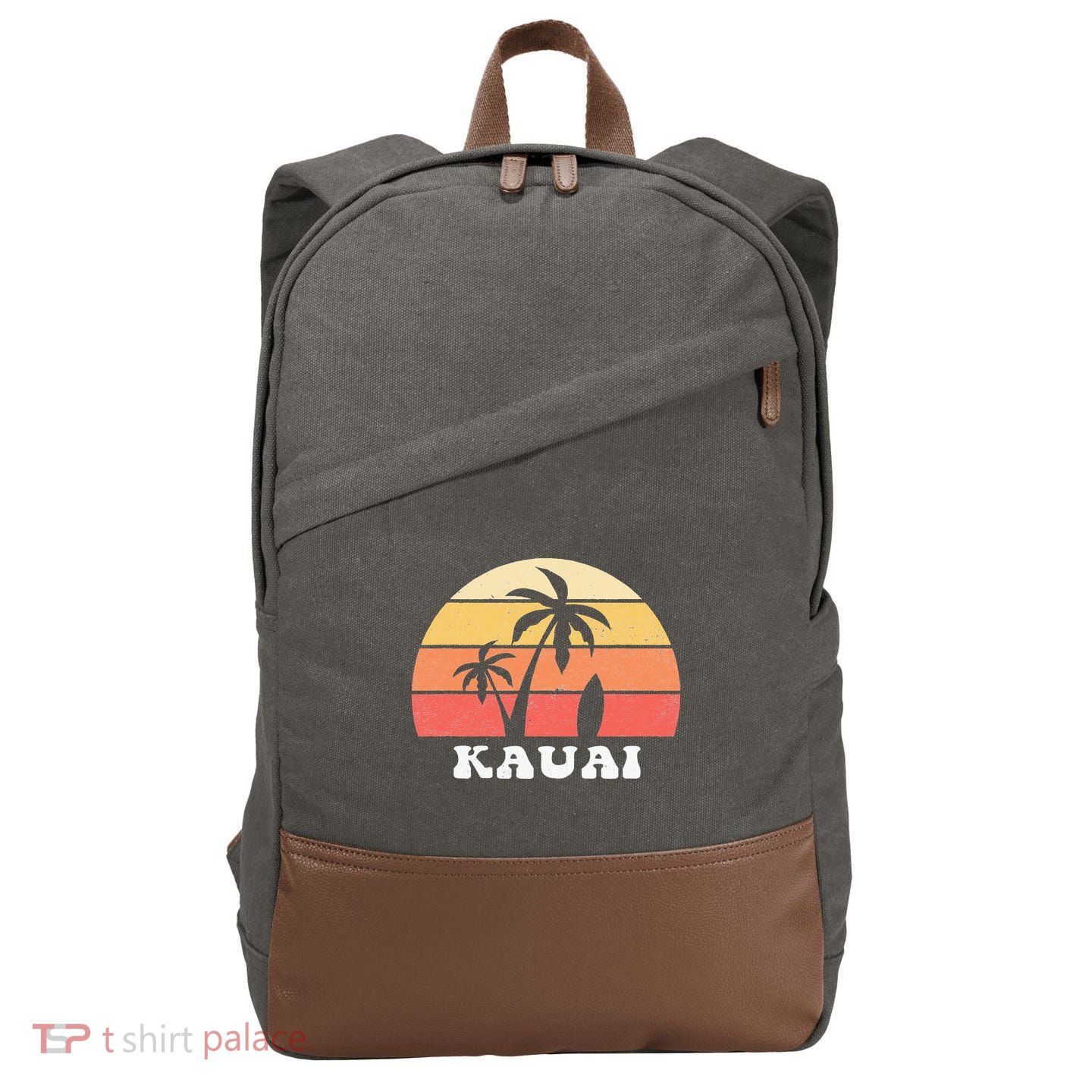 Kauai Hawaii HI Hawaiian Island Palm Tree 70s 80s Retro Surf Cotton Canvas Backpack