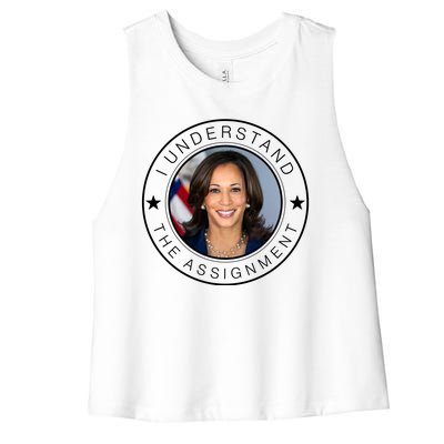 Kamala Harris I Understand The Assignment 2024 Election Emblem Women's Racerback Cropped Tank