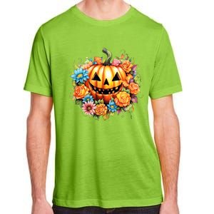 Kawaii Halloween Jack O Lantern With Pumpkin And Flowers Adult ChromaSoft Performance T-Shirt