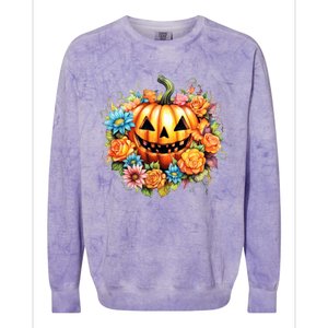 Kawaii Halloween Jack O Lantern With Pumpkin And Flowers Colorblast Crewneck Sweatshirt