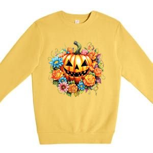 Kawaii Halloween Jack O Lantern With Pumpkin And Flowers Premium Crewneck Sweatshirt