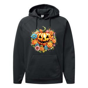 Kawaii Halloween Jack O Lantern With Pumpkin And Flowers Performance Fleece Hoodie