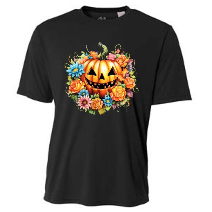 Kawaii Halloween Jack O Lantern With Pumpkin And Flowers Cooling Performance Crew T-Shirt