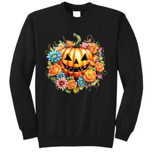 Kawaii Halloween Jack O Lantern With Pumpkin And Flowers Sweatshirt